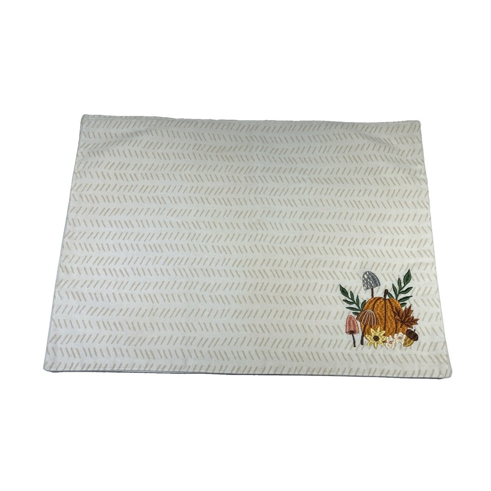 Set of 4 Fall Harvest Embroidered Placemats Set Off-White Herringbone Pumpkin